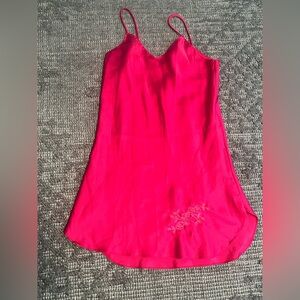 Fuchsia, pink floral embroidered satin vintage nightgown made in the USA